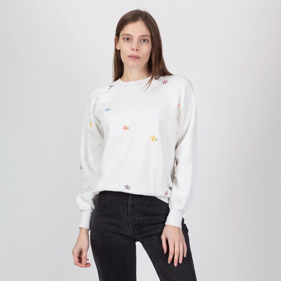 Large 80s White Floral Sweatshirt Vintage Raglan Sleeve Pullover Etsy UK