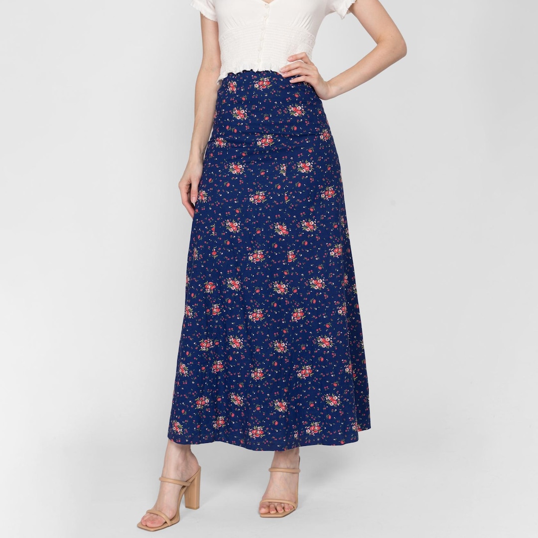 Vintage 60s 70s Black Blue Floral Maxi Skirt XS 4 6