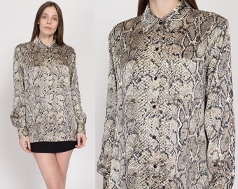 Medium 90s Silk Snakeskin Print Blouse | Vintage Brown Animal Print Long Sleeve Collared Button Up Top