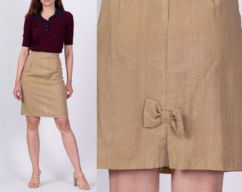 80s Tan Bow Pencil Skirt Extra Small, 23.5" | Vintage High Waist Mini Secretary Skirt