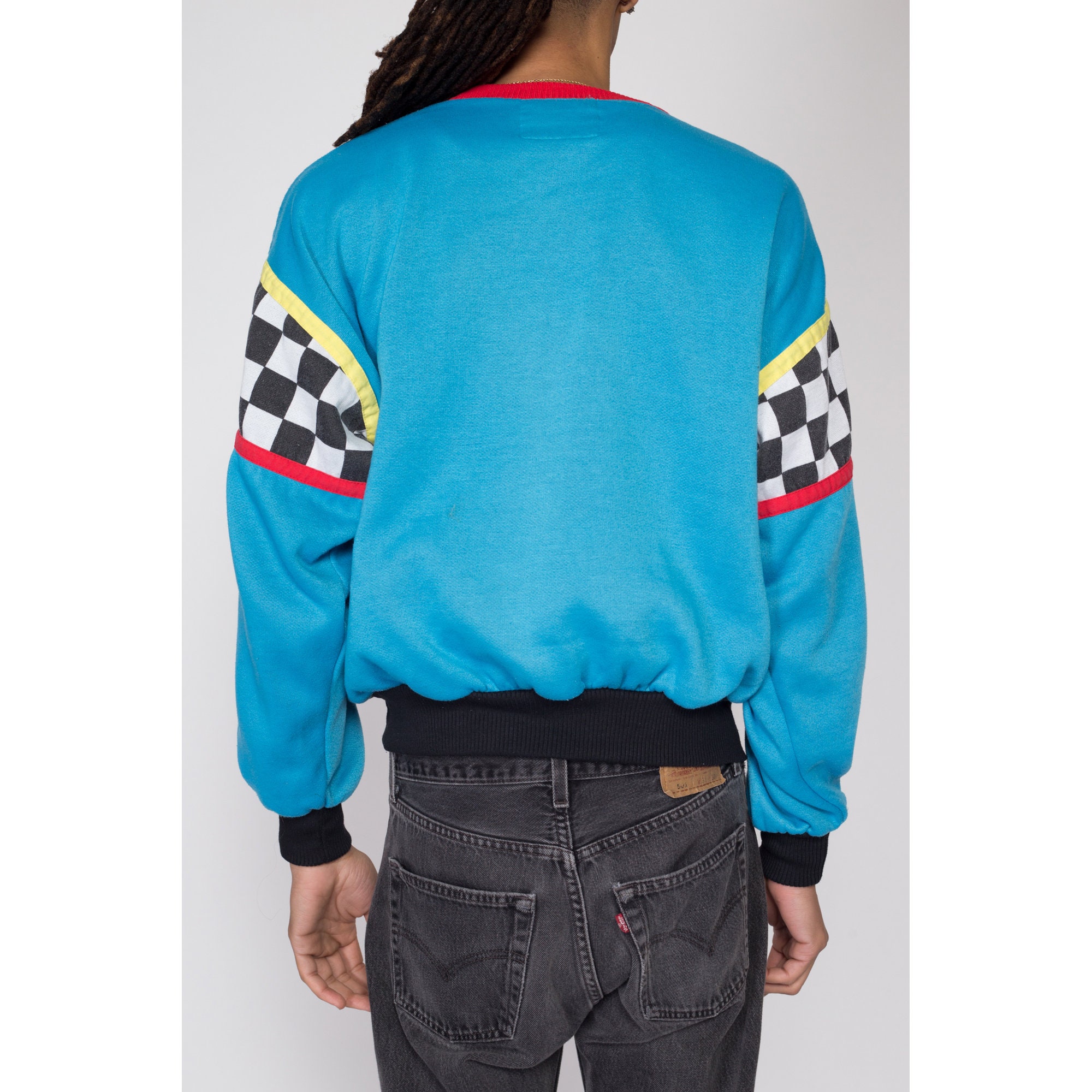 Large 80s Cycling Graphic Blue Color Block Sweatshirt