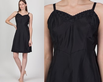 Medium 50s Barbizon Black Slip | Vintage Ariel Tafredda Lace Trim Lingerie Mini Dress