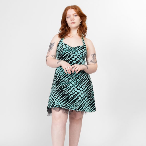 90s Pinup Polka Dot Halter Dress - Large | Vintage Black & Aqua Blue  Rockabilly Mini Party Dress - Etsy Israel