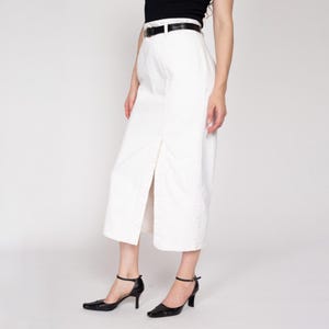 Medium 80s Guess White Denim Maxi Skirt 28&quot; | Vintage High Waisted Fitted Long Jean Skirt