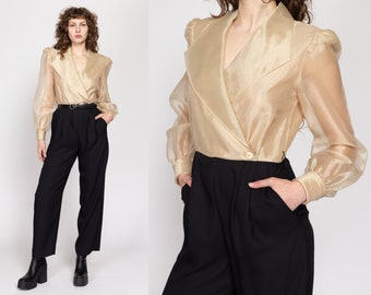 Medium 80s Organza Two Tone Jumpsuit | Vintage Gold Black Sheer Sleeve Collared Pantsuit