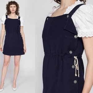 70-tals Courrèges marinblå minitröjklänning - medium | Vintage designerklänning i ull, marin stil, pinafore-mönster bild 2