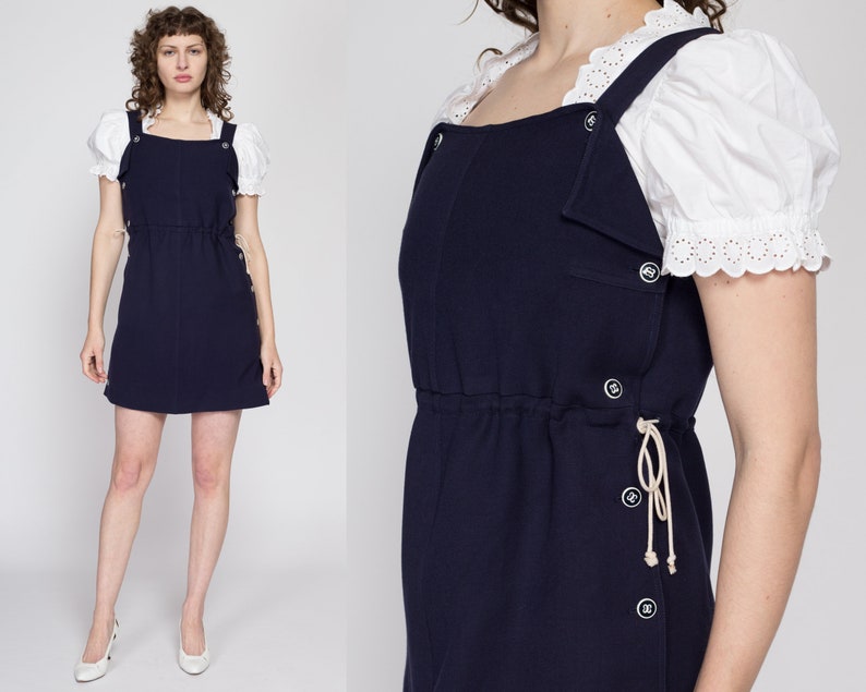 70-tals Courrèges marinblå minitröjklänning - medium | Vintage designerklänning i ull, marin stil, pinafore-mönster bild 2