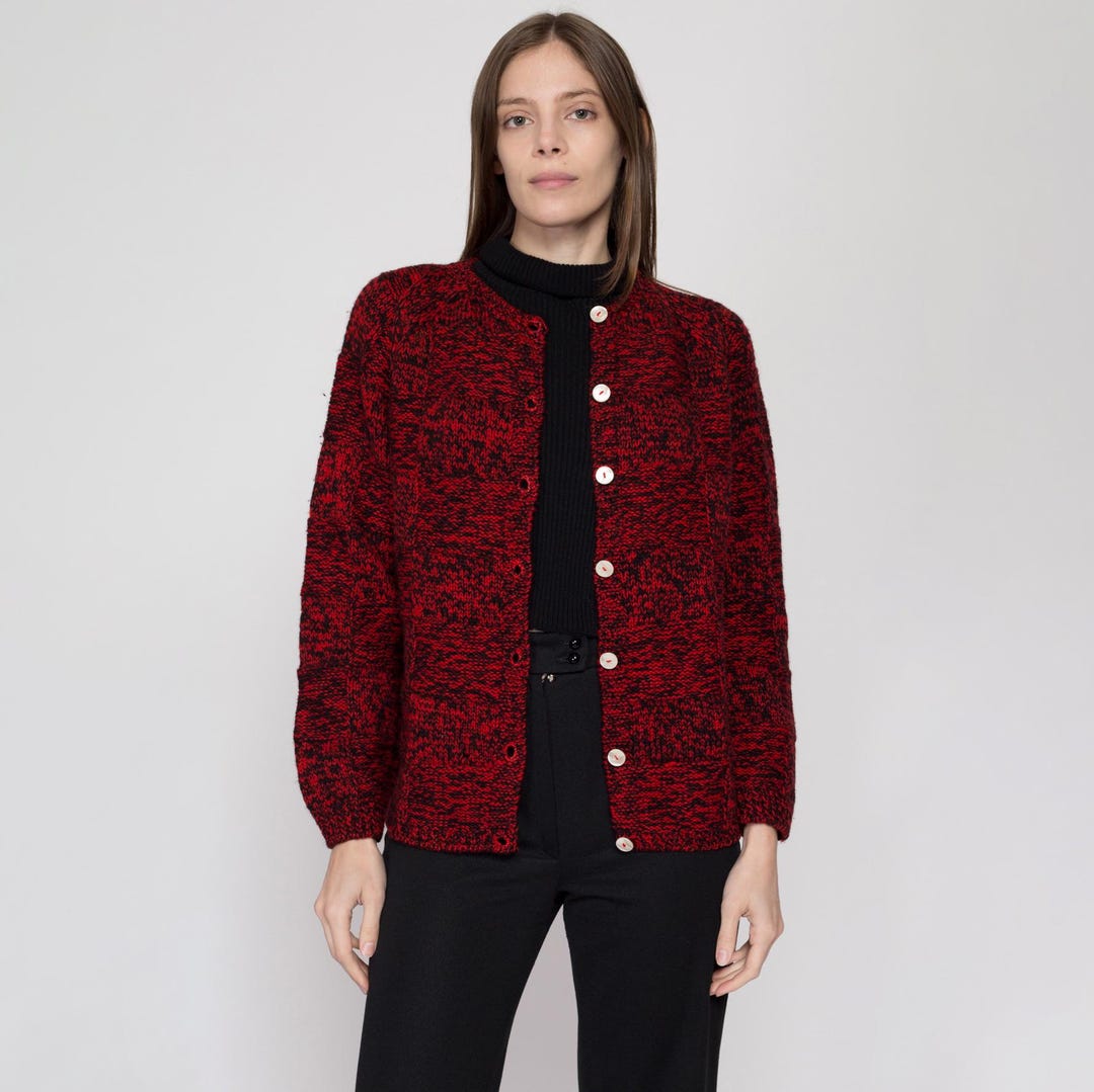 Medium 60s Saks Fifth Avenue Red & Black Marled Wool Cardigan