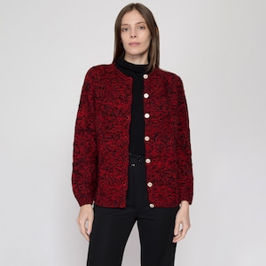 ミディアム 60 年代 Saks Fifth Avenue レッド & ブラック マーブル ウール カーディガン | ヴィンテージ Made In Italy ニット ボタンアップ セーター