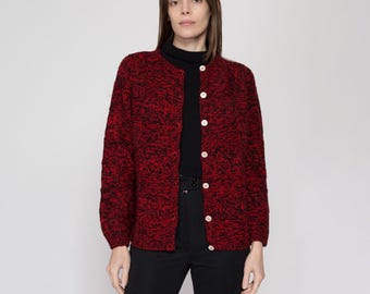 60s Saks Fifth Avenue Red & Black Marled Wool Cardigan - Medium | Vintage Made In Italy Knit Button Up Sweater