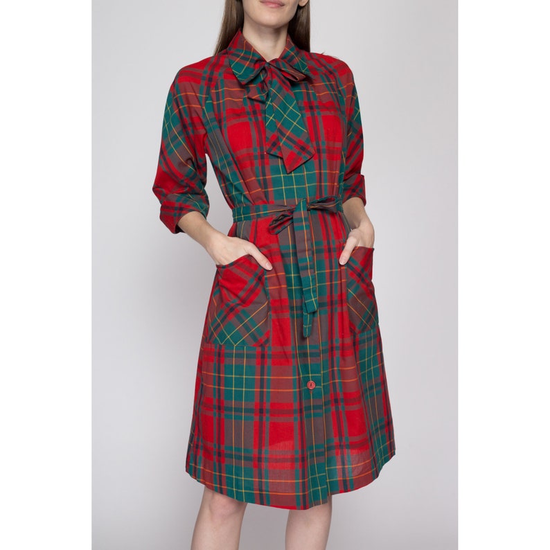 Large 60s Red & Green Plaid Belted Ascot Shirtdress Vintage Button Front Half Sleeve Mini House Dress image 2