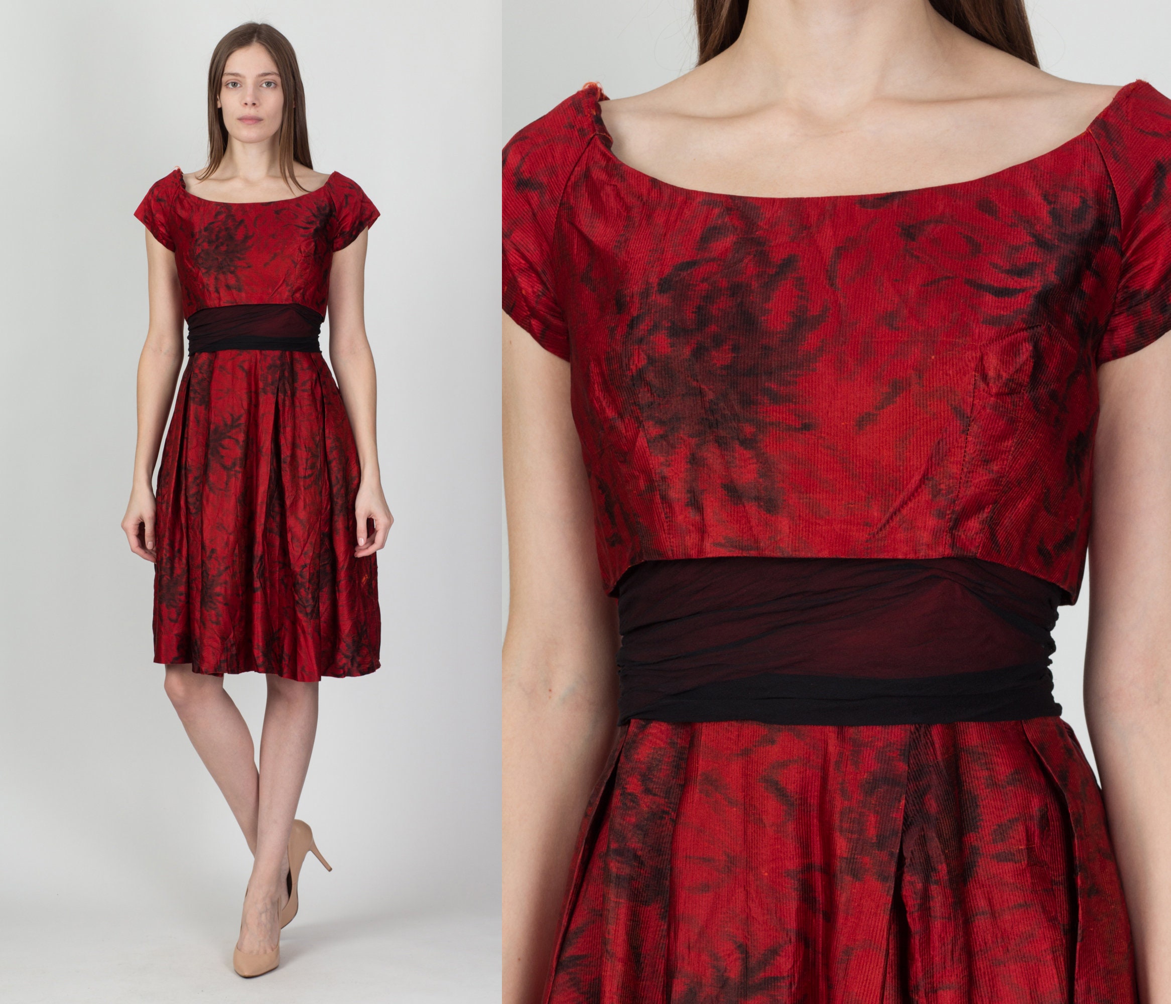 Vintage 50s 60s Red Floral Party Dress 