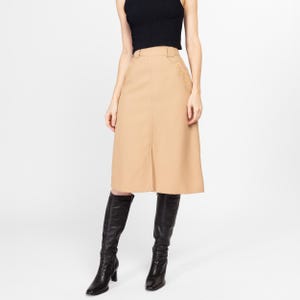 Small 70s Tan A Line Midi Skirt 25.5&quot; | Vintage Minimalist Button Pocket High Waisted Skirt