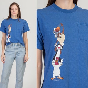 90s Looney Tunes Basketball T Shirt Small Vintage Blue Striped Graphic Cropped Pocket Tee image 1