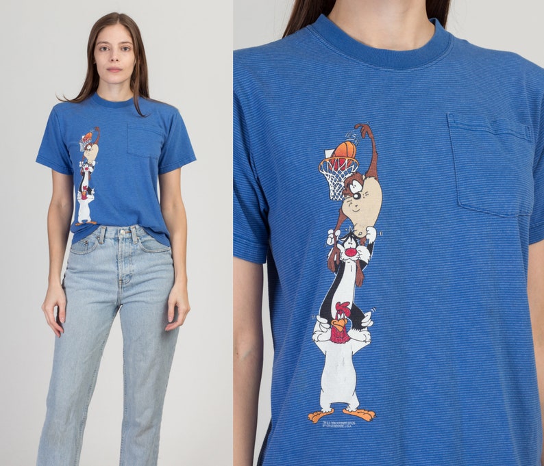 90s Looney Tunes Basketball T Shirt Small Vintage Blue Striped Graphic Cropped Pocket Tee image 1