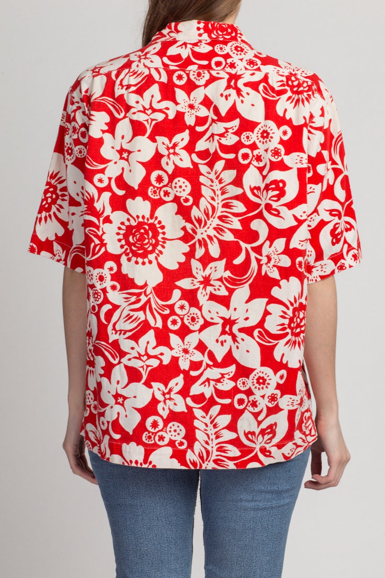 Large 60s 70s Hawaiian Floral Tiki Top Men's Vintage Red & White Button Up Aloha Shirt image 5