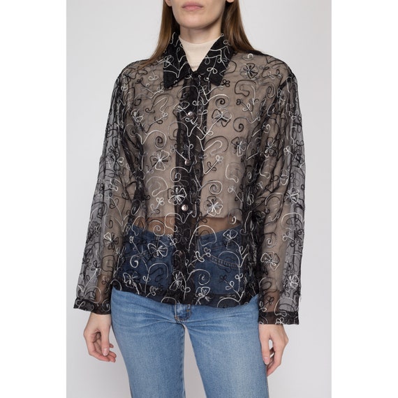 Small 90s Sheer Black Silk Embroidered Blouse | V… - image 3