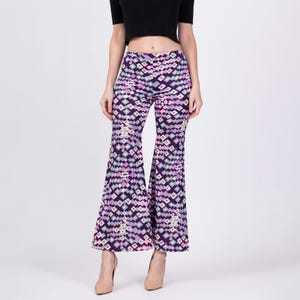 70s Psychedelic Geometric Kick Flare Pants - Extra Small | Vintage High Waisted Retro Flared Boho Trousers