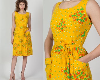 Small 60s Malia Honolulu Yellow Floral Pocket Dress | Vintage Hawaiian Sleeveless Knee Length Sundress