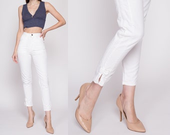 XS 80s Chic White Ankle Bow Skinny Jeans 24" | Vintage Denim High Waisted Slim Jeans