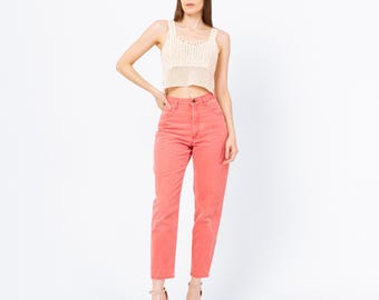 Vintage 90s Coral Pink High Waisted Jeans - Petite Small, 26" Waist | Colorful Denim Tapered Leg Mom Jeans