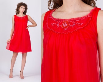 Small 60s Red Babydoll Nightie | Vintage Sheer Peignoir Mini Negligee Slip Dress