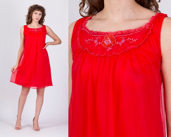 Small 60s Red Babydoll Nightie | Vintage Sheer Pe… - image 1