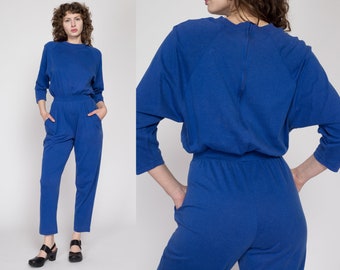 Small 80s Blue Loungewear Jumpsuit | Vintage Elastic Waist 3/4 Batwing Sleeve Jersey Pantsuit Outfit
