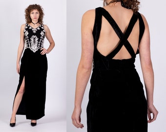 90s Scott McClintock Velvet Cross Back Maxi Dress Large | Vintage Black White Soutache Trim Sleeveless High Slit Dress