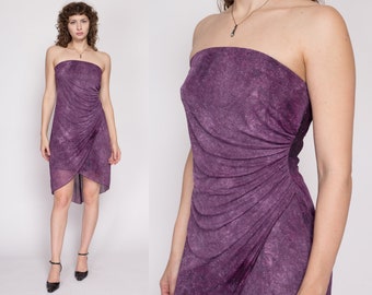 Medium 90s Purple Galaxy Sparkle Party Dress | Vintage Strapless Asymmetrical Cocktail Mini Dress