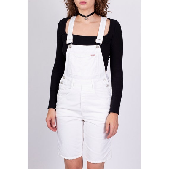 XS 90s Guess White Denim Overall Shorts | Vintage… - image 2