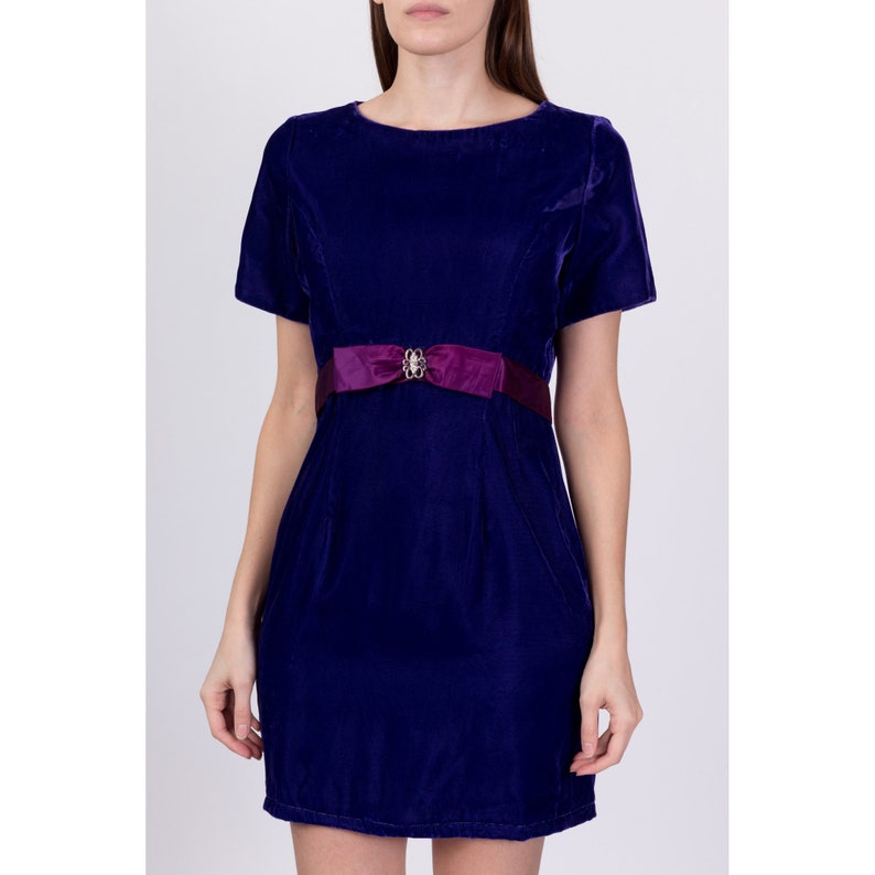 80s Royal Purple Velvet Party Dress Medium Vintage Satin Trim Retro Scoop Neck Short Sleeve Mini Dress image 2