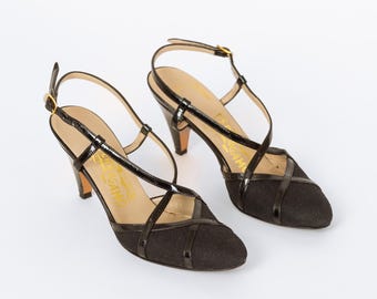 Zapatos de tacón de tiras negros Ferragamo vintage de los años 90 - Talla 4.5-5 / Zapatos de tacón de punta puntiaguda de lona y cuero de diseñador