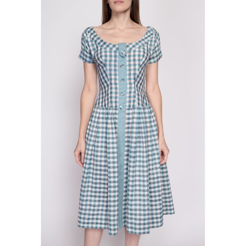 1940s Blue Gingham Midi Dress & Bolero Jacket Small Vintage 40s 50s Fit Flare Matching Two Piece Set image 3