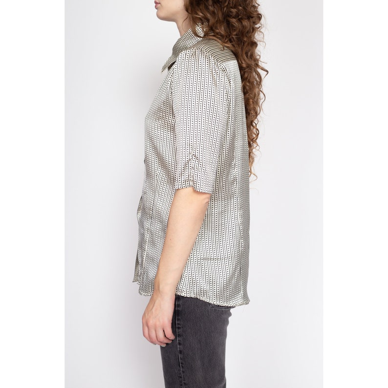 Large 80s Black & White Polka Dot Satin Shirt Vintage Button Up Short Sleeve Collared Shirt image 3
