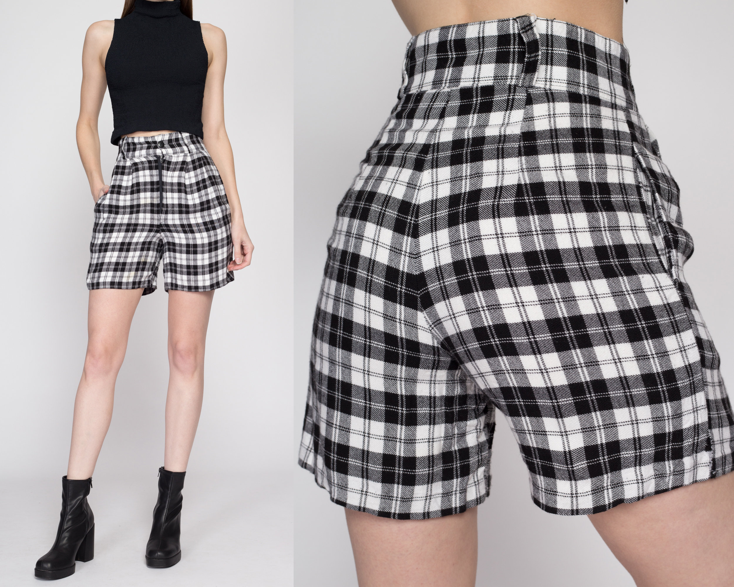 90s Black & White Plaid Flannel Shorts - Extra Small, 24