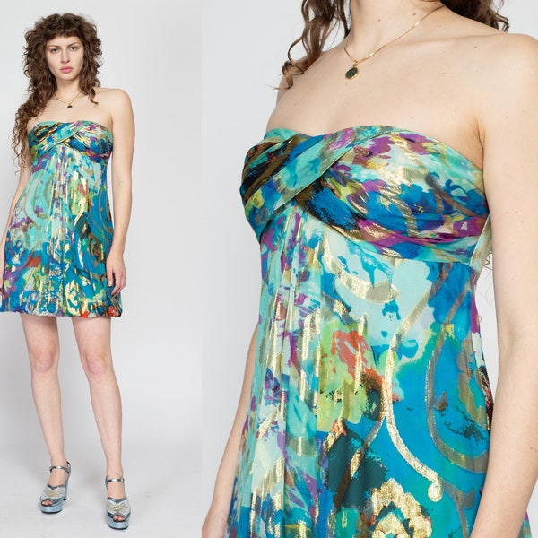 Sm-Med Y2K Blue Floral Strapless Bubble Hem Party Dress | Vintage Xscape Joanna Metallic Formal Cocktail Mini Dress