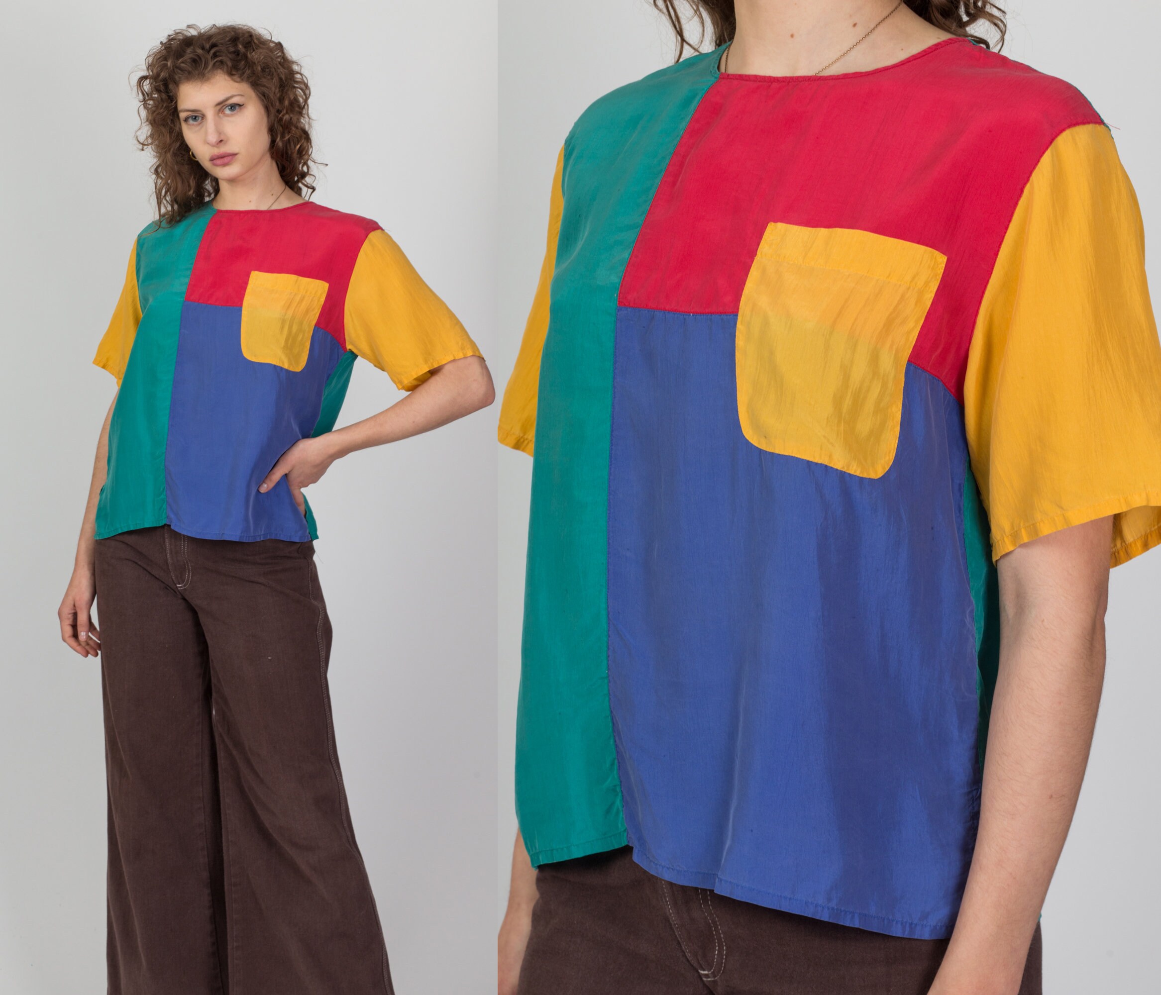 80s Silk Color Block Pocket Shirt 