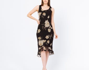 Vintage 90s Black Floral Bias Cut High-Low Midi Dress - Small, Size 6 | Boho Slinky Sleeveless Sundress, Wedding Guest Dress