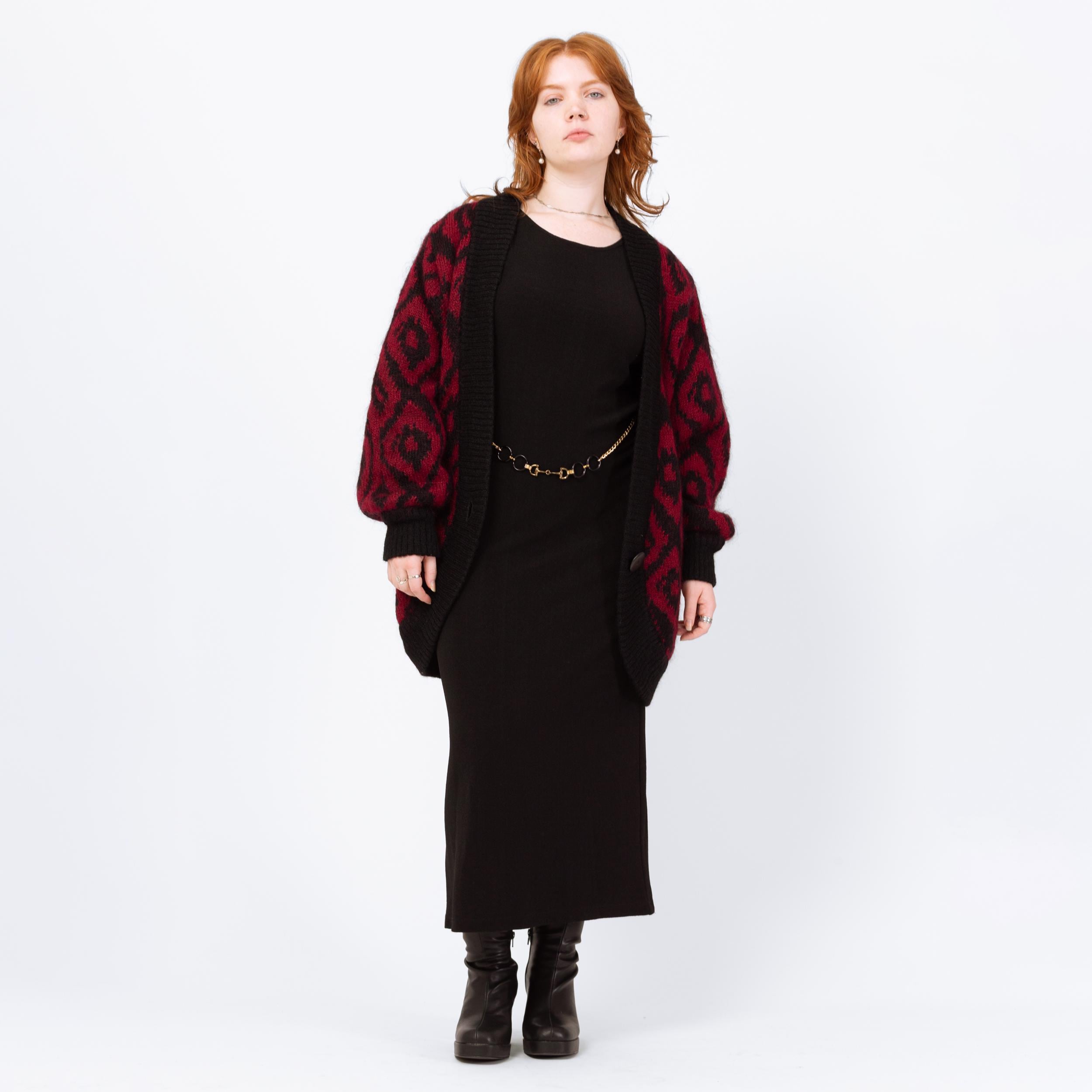 Vintage 80s Mohair Argyle Balloon Sleeve Oversize Cardigan - Large