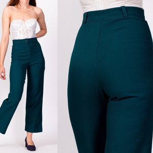 70s Emerald Green High Waisted Trousers XXS, 23 Vintage Straight Leg Retro Polyester Pants image 1