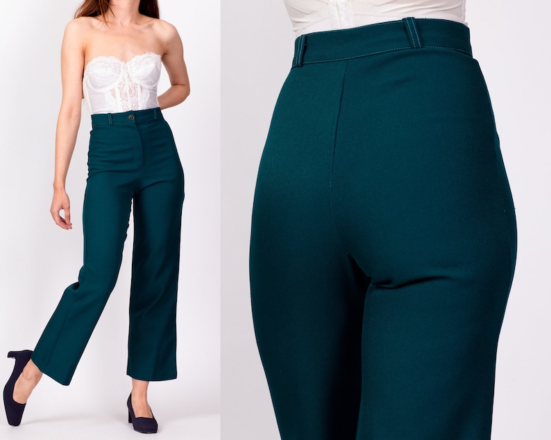 70s Emerald Green High Waisted Trousers XXS, 23 Vintage Straight Leg Retro Polyester Pants image 1