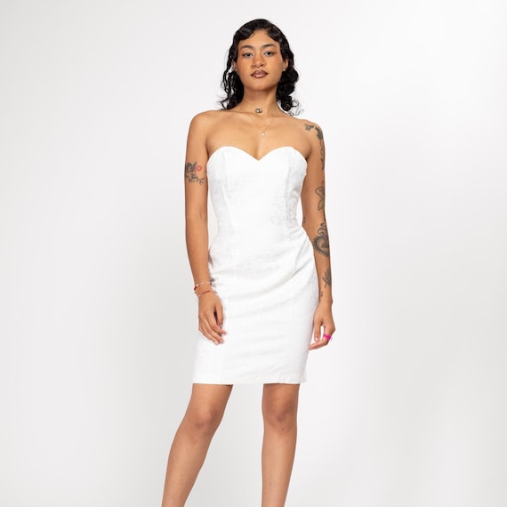 Medium 80s White Jacquard Strapless Mini Dress