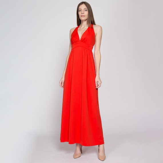 XS 70s Red-orange Keyhole Back Maxi Sundress Vintage Boho