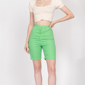XS 60s Lime Green Bermuda Shorts 24&quot; | Vintage High Waisted Long Inseam Casual Shorts