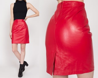 Small 90s Red Leather Pencil Skirt | Vintage High Waisted Rocker Fitted Mini Skirt