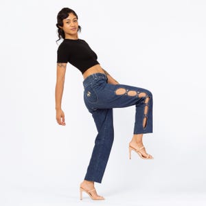 Vintage 80s High Waisted Cutout Jeans - Small, 27&quot; Waist | Frederick&#39;s Of Hollywood Dark Wash Denim Straight Leg Rocker Jeans