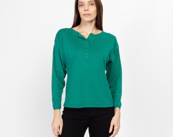 Sweat Femme Vintage Années 80 - Bleu, Col Boutonné, Manches Longues, Taille L