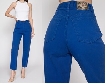 Small 90s High Waisted Royal Blue Jeans | Vintage Express Denim Tapered Leg Mom Jeans