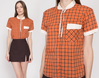 Small 70s Orange Plaid Peter Pan Collar Top | Vintage Short Sleeve Button Up Girly Blouse